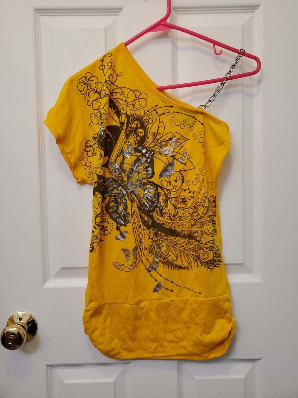 Vintage Y2K Jamie Nicole Asymmetrical One Shoulder Chain Top Yellow Grunge